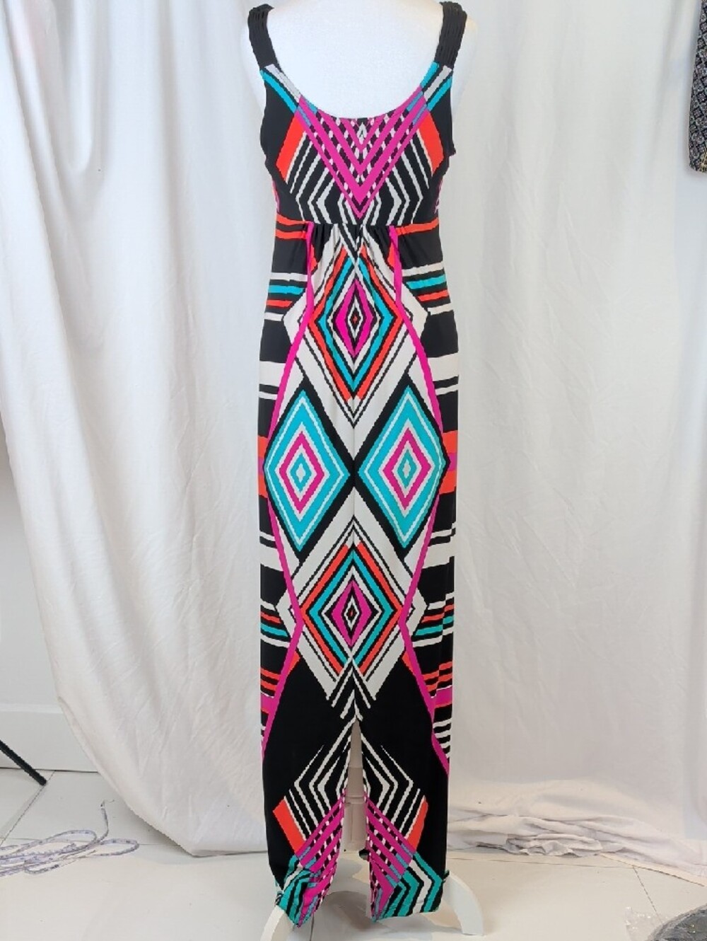 Allen Schwartz ABS Maxi Dress | Black, Pink & Teal Geometric Stripe - Size M